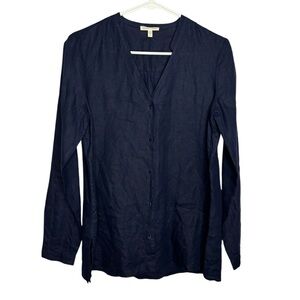Eileen Fisher Navy Blue Irish Linen V Neck Button Down Shirt Size XS